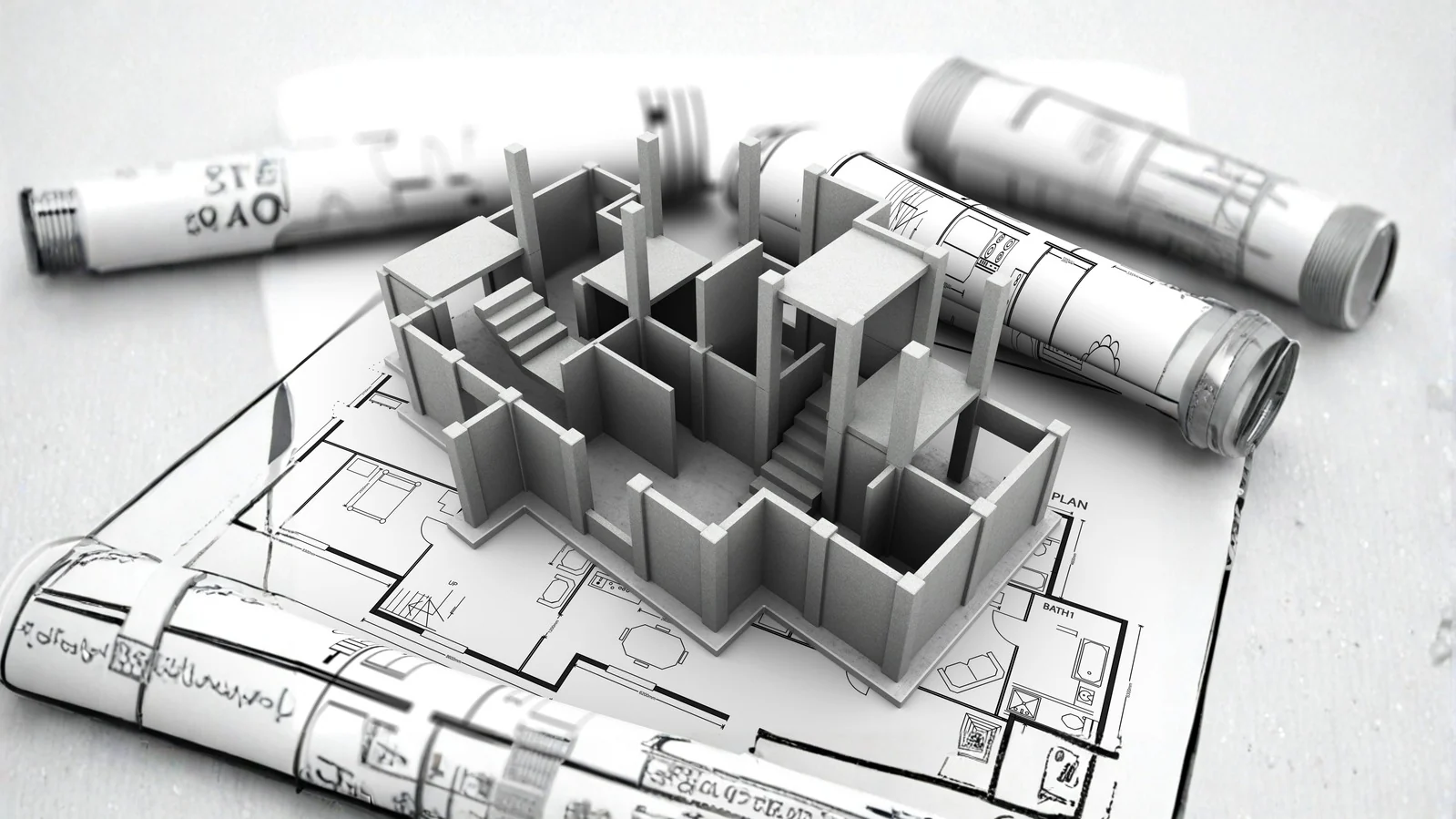 Architectural model and technical drawings