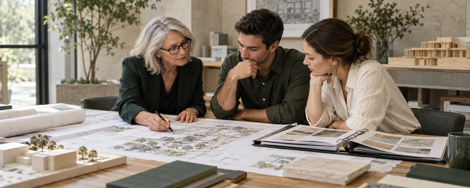 AI-generated concept of an architectural team reviewing plans and specifications together, illustrating transparent project decisions