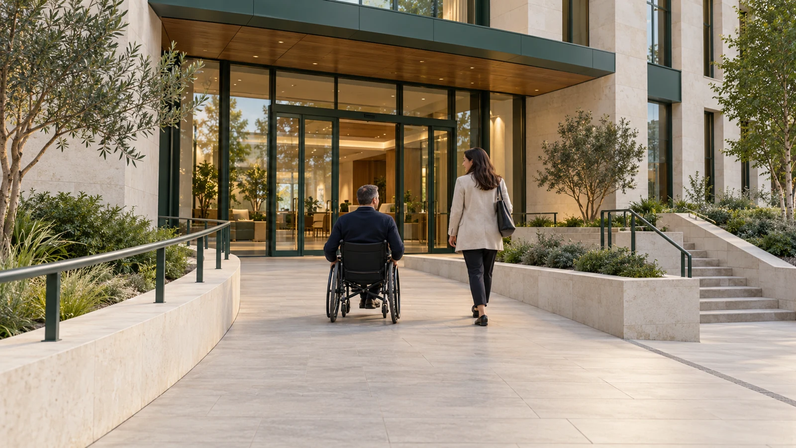AI-generated concept of a shared step-free building entrance used by a wheelchair user and a walking colleague