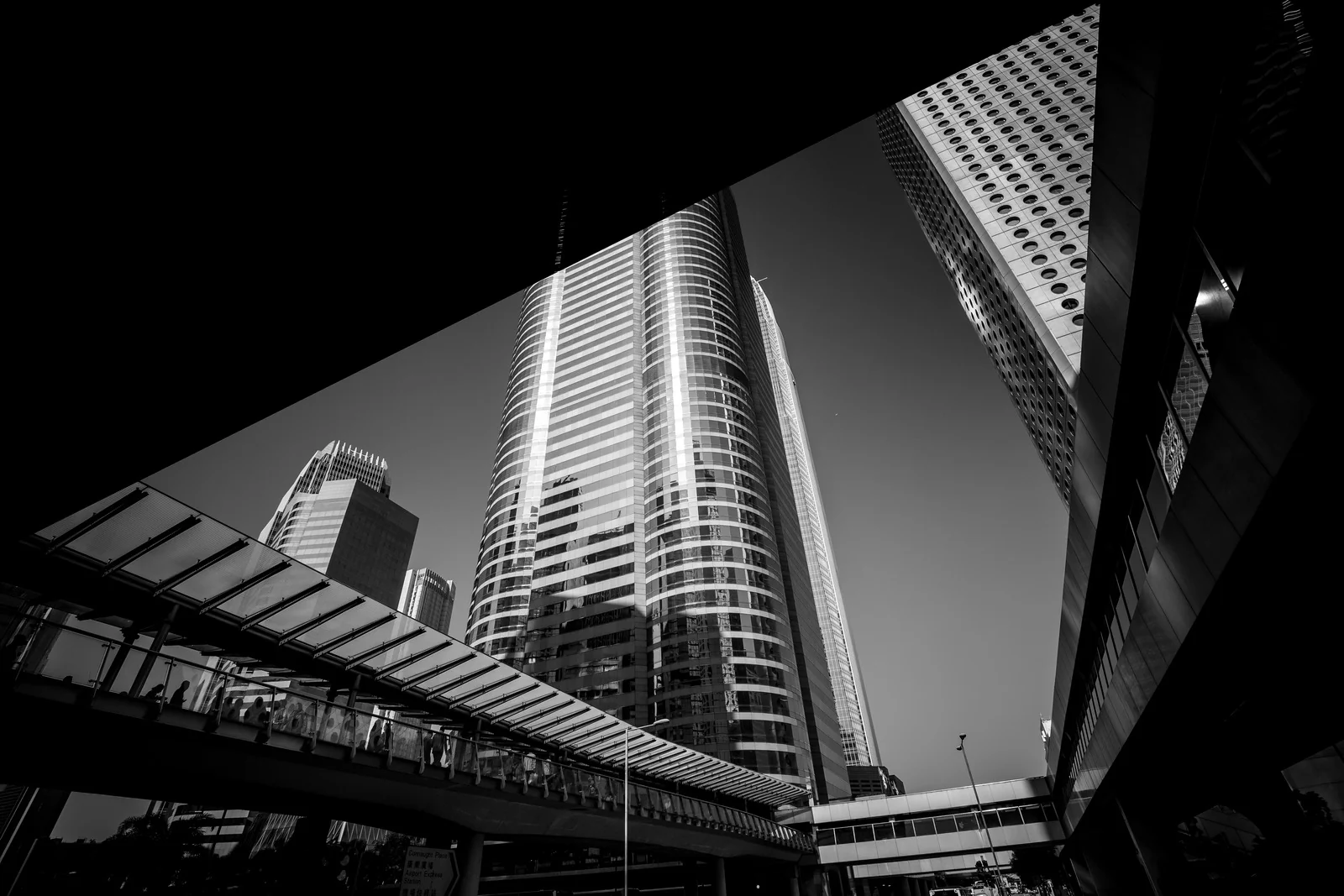 Black and white architectural view with structural geometry